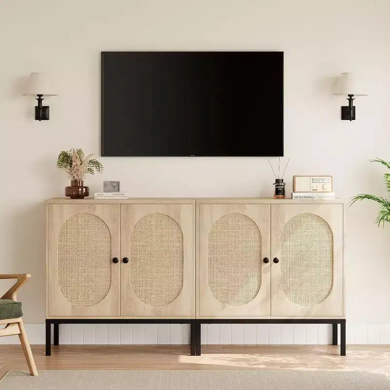 Acekool 32.6 Rattan Buffet Storage Cabinet, Natural Wood, Sideboard with Adjustable Shelf, Boho Accent Cabinet for Living Room, Dining Room