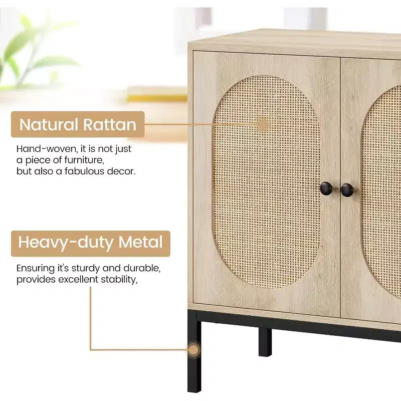 Acekool 32.6 Rattan Buffet Storage Cabinet, Natural Wood, Sideboard with Adjustable Shelf, Boho Accent Cabinet for Living Room, Dining Room