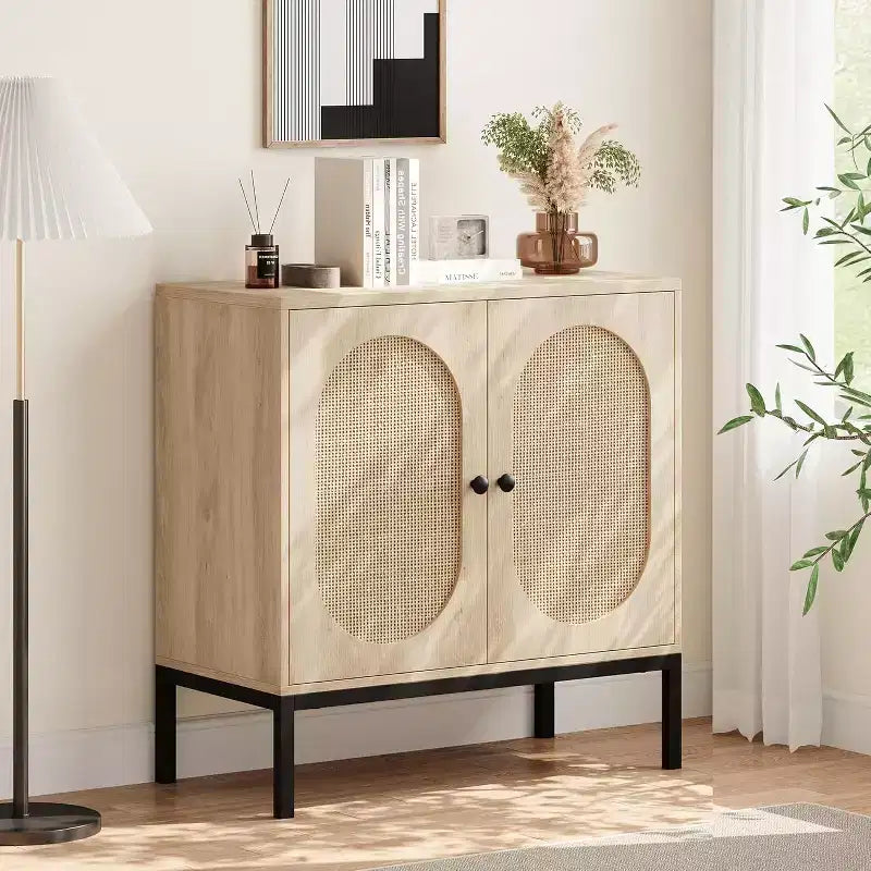 Acekool 32.6 Rattan Buffet Storage Cabinet, Natural Wood, Sideboard with Adjustable Shelf, Boho Accent Cabinet for Living Room, Dining Room