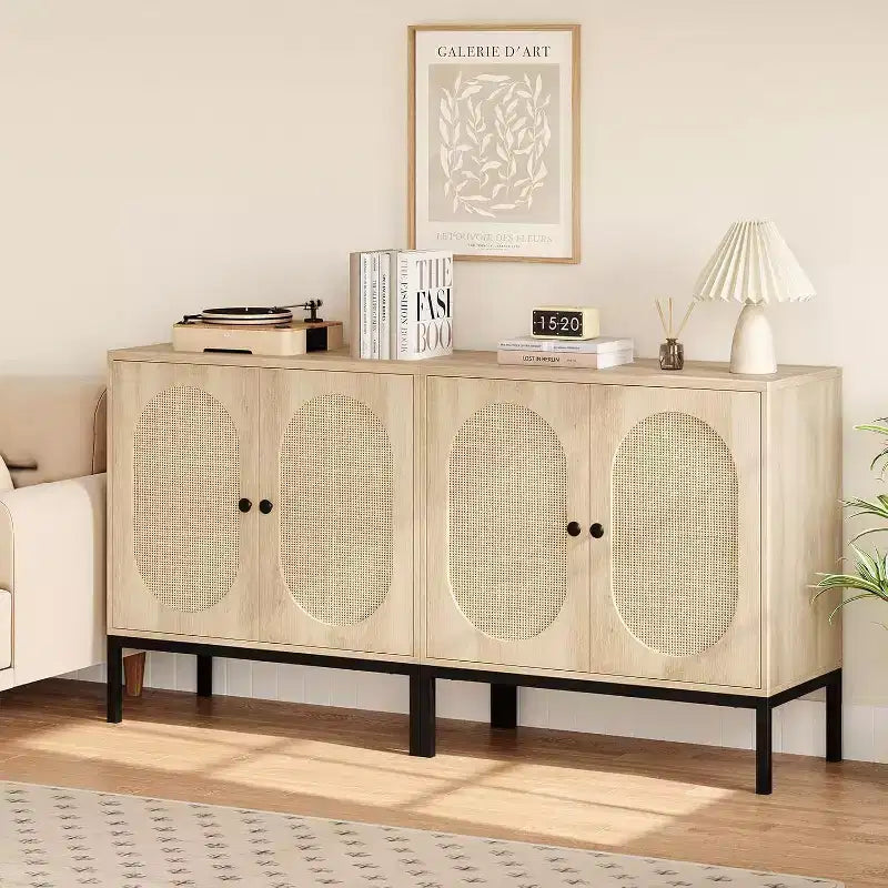 Acekool 32.6 Rattan Buffet Storage Cabinet, Natural Wood, Sideboard with Adjustable Shelf, Boho Accent Cabinet for Living Room, Dining Room