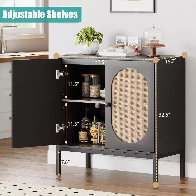 Acekool 32.6 Rattan Buffet Storage Cabinet, Natural Wood, Sideboard with Adjustable Shelf, Boho Accent Cabinet for Living Room, Dining Room