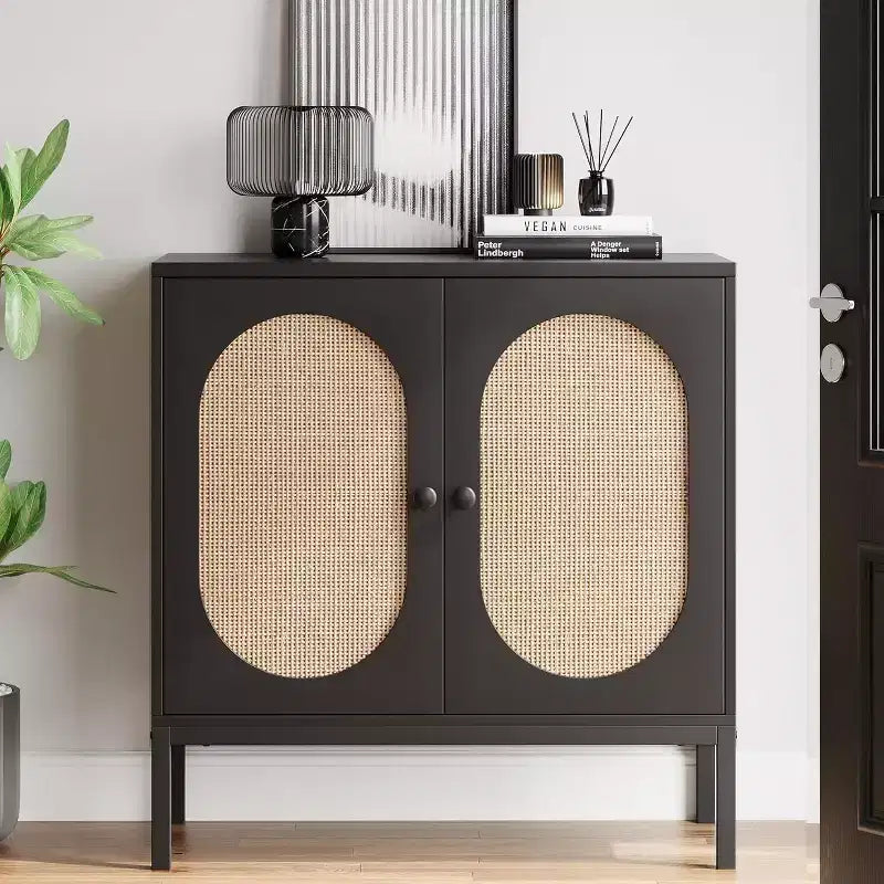 Acekool 32.6 Rattan Buffet Storage Cabinet, Natural Wood, Sideboard with Adjustable Shelf, Boho Accent Cabinet for Living Room, Dining Room