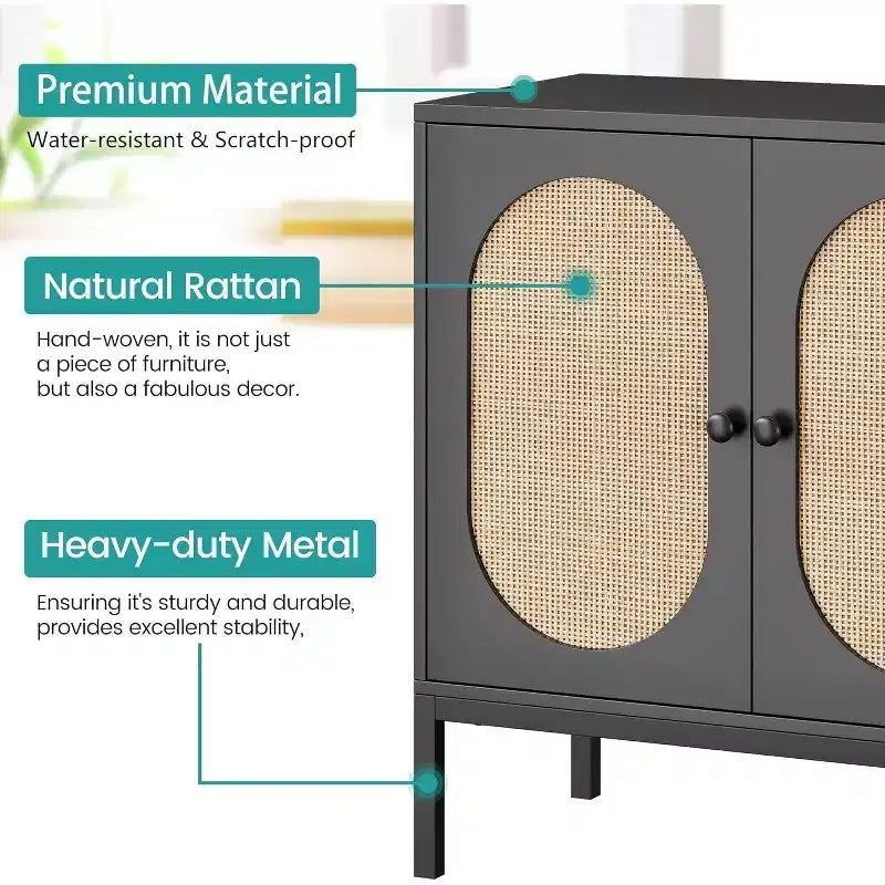 Acekool 32.6 Rattan Buffet Storage Cabinet, Natural Wood, Sideboard with Adjustable Shelf, Boho Accent Cabinet for Living Room, Dining Room
