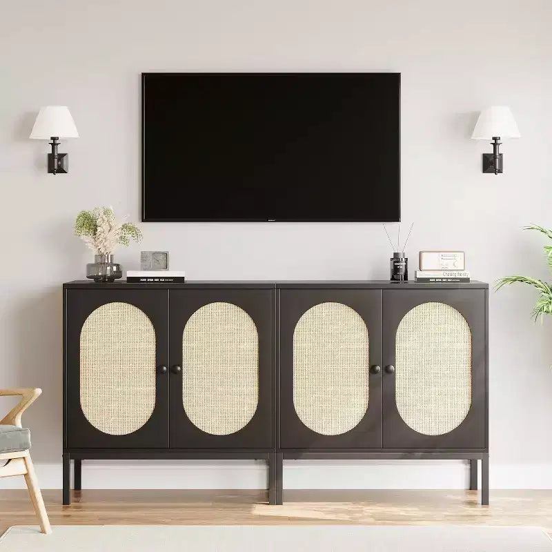 Acekool 32.6 Rattan Buffet Storage Cabinet, Natural Wood, Sideboard with Adjustable Shelf, Boho Accent Cabinet for Living Room, Dining Room