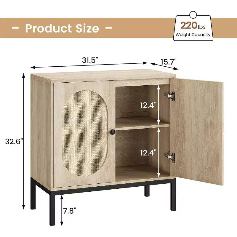 Acekool 32.6 Rattan Buffet Storage Cabinet, Natural Wood, Sideboard with Adjustable Shelf, Boho Accent Cabinet for Living Room, Dining Room