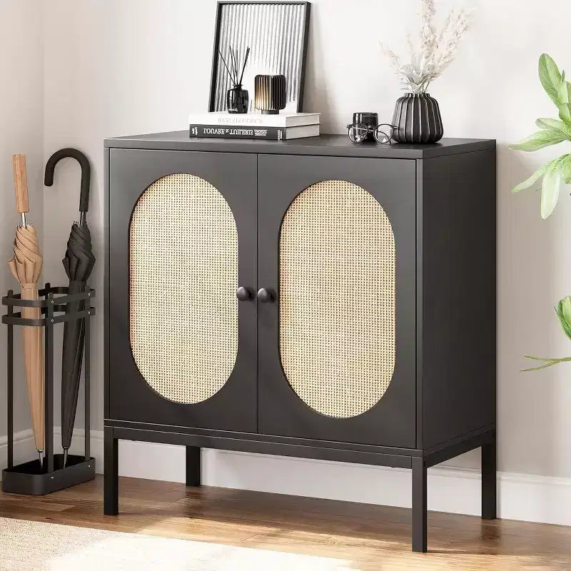 Acekool 32.6 Rattan Buffet Storage Cabinet, Natural Wood, Sideboard with Adjustable Shelf, Boho Accent Cabinet for Living Room, Dining Room