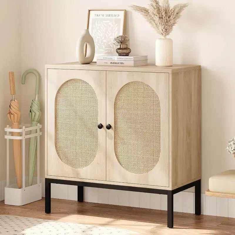 Acekool 32.6 Rattan Buffet Storage Cabinet, Natural Wood, Sideboard with Adjustable Shelf, Boho Accent Cabinet for Living Room, Dining Room