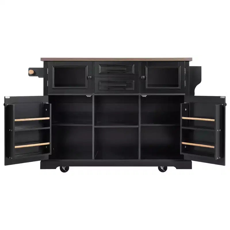 Kitchen Island with Drop Leaf and Wheels, Kitchen Storage Cart with Door Shelves, Farmhouse Rolling Kitchen Island with Power Outlet and Glass Door