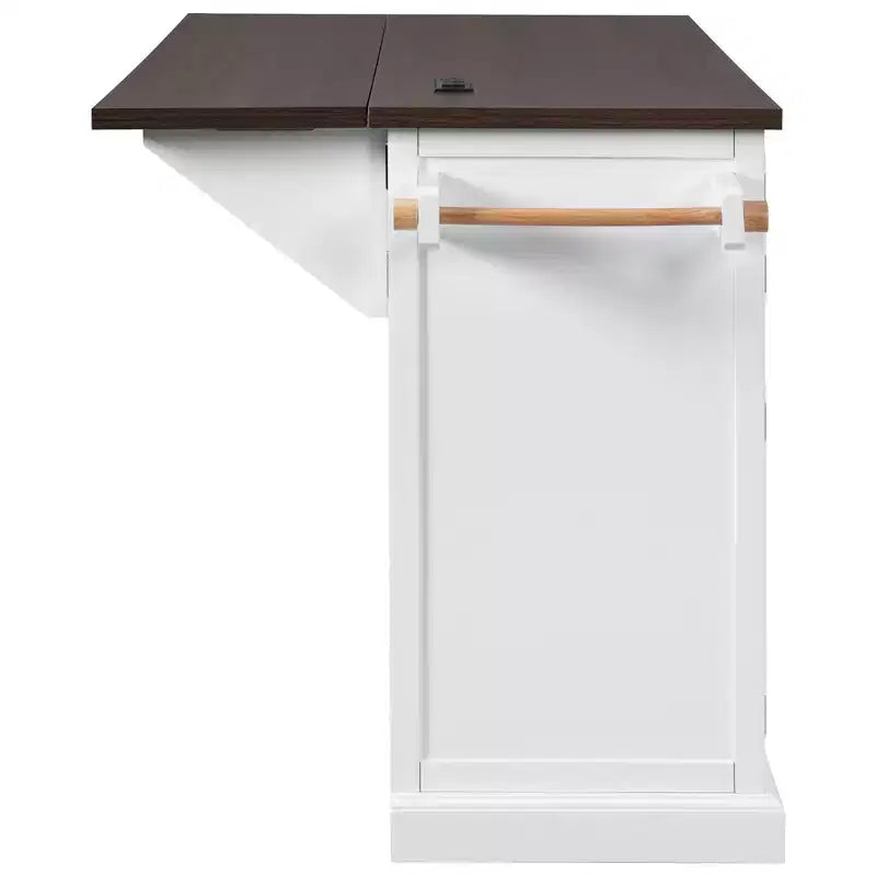 Kitchen Island with Drop Leaf and Wheels, Kitchen Storage Cart with Door Shelves, Farmhouse Rolling Kitchen Island with Power Outlet and Glass Door