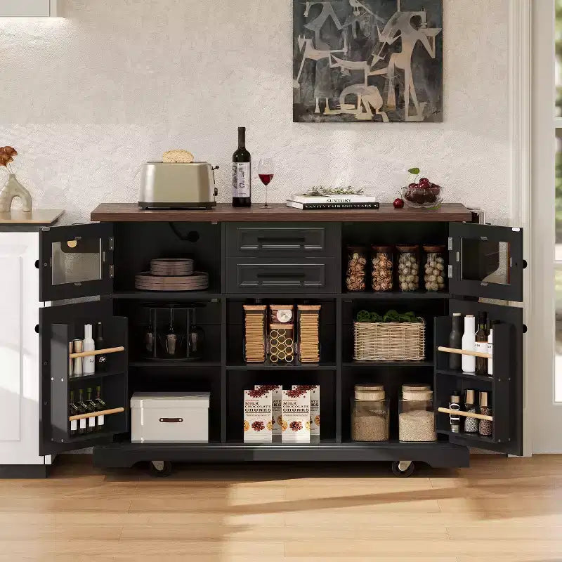 Kitchen Island with Drop Leaf and Wheels, Kitchen Storage Cart with Door Shelves, Farmhouse Rolling Kitchen Island with Power Outlet and Glass Door