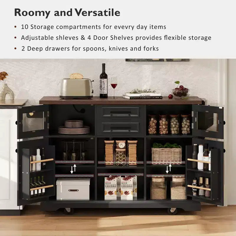 Kitchen Island with Drop Leaf and Wheels, Kitchen Storage Cart with Door Shelves, Farmhouse Rolling Kitchen Island with Power Outlet and Glass Door