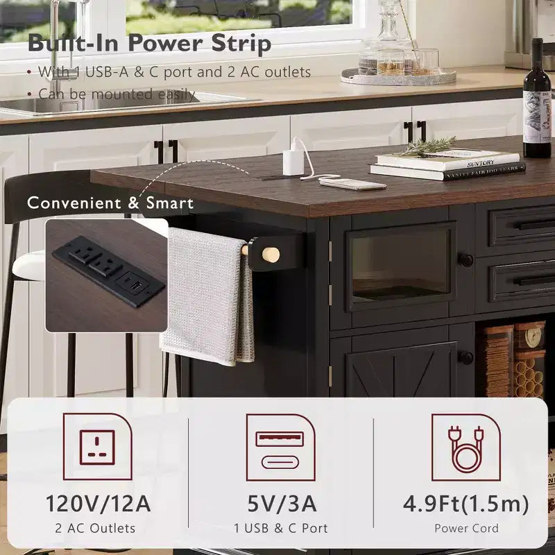 Kitchen Island with Drop Leaf and Wheels, Kitchen Storage Cart with Door Shelves, Farmhouse Rolling Kitchen Island with Power Outlet and Glass Door