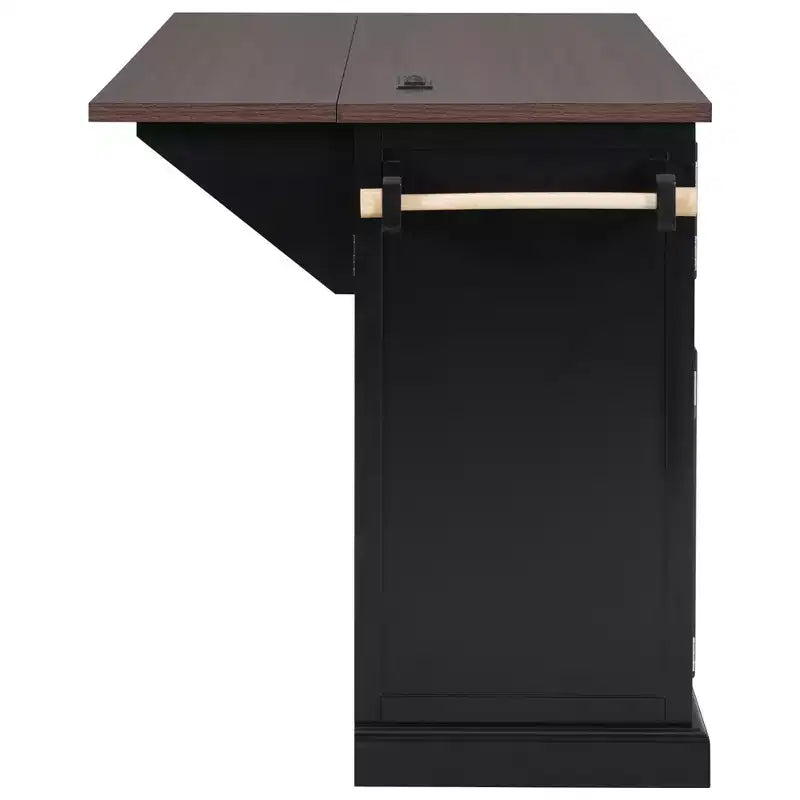 Kitchen Island with Drop Leaf and Wheels, Kitchen Storage Cart with Door Shelves, Farmhouse Rolling Kitchen Island with Power Outlet and Glass Door