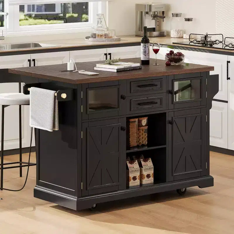 Kitchen Island with Drop Leaf and Wheels, Kitchen Storage Cart with Door Shelves, Farmhouse Rolling Kitchen Island with Power Outlet and Glass Door