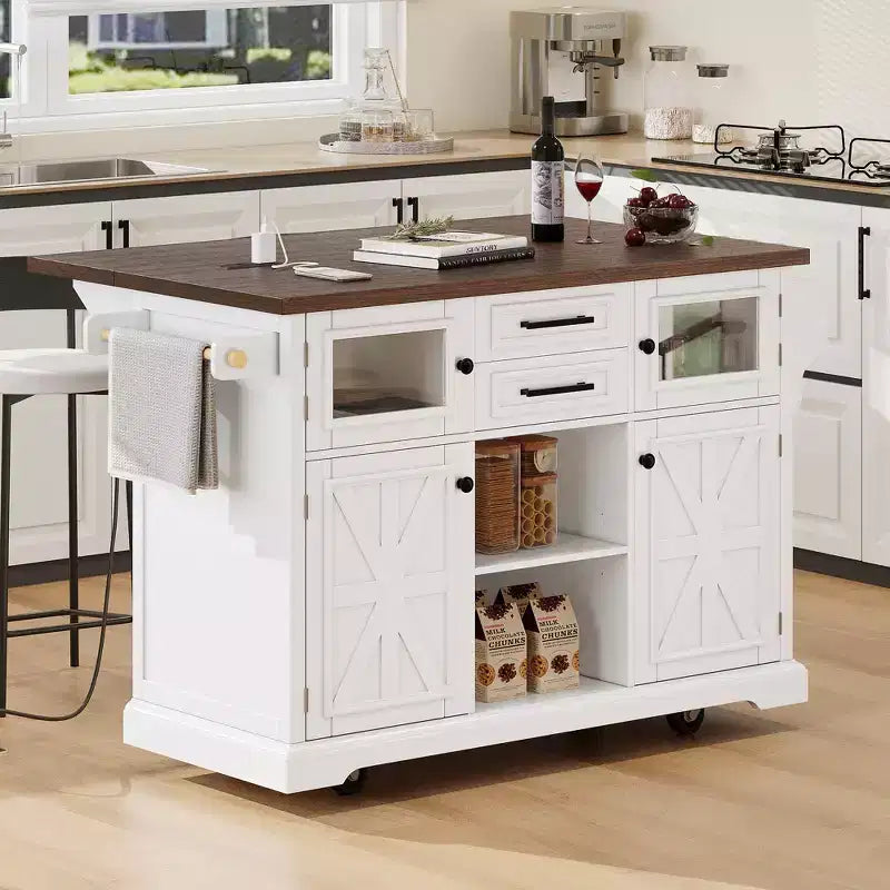 Kitchen Island with Drop Leaf and Wheels, Kitchen Storage Cart with Door Shelves, Farmhouse Rolling Kitchen Island with Power Outlet and Glass Door