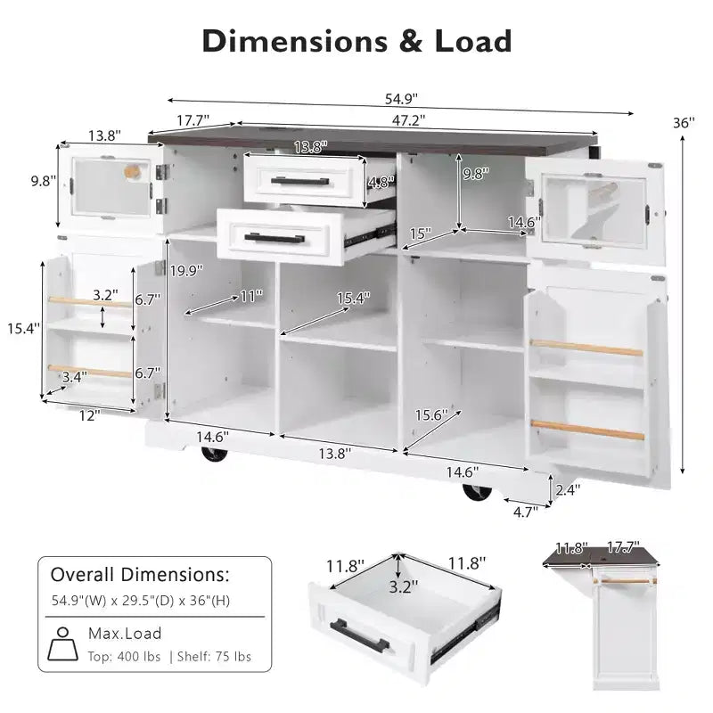 Kitchen Island with Drop Leaf and Wheels, Kitchen Storage Cart with Door Shelves, Farmhouse Rolling Kitchen Island with Power Outlet and Glass Door