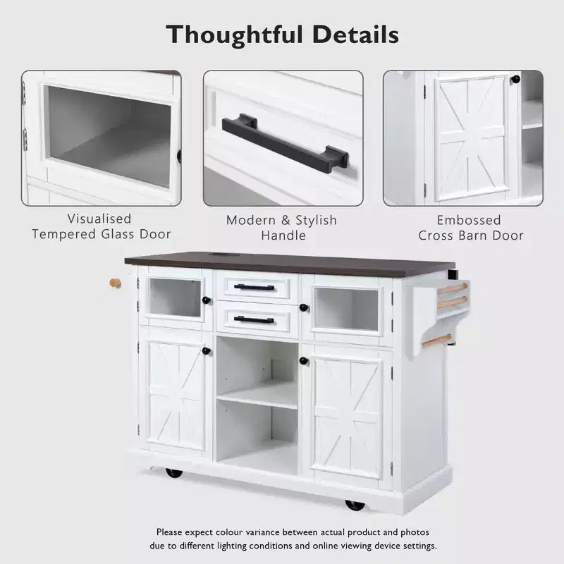 Kitchen Island with Drop Leaf and Wheels, Kitchen Storage Cart with Door Shelves, Farmhouse Rolling Kitchen Island with Power Outlet and Glass Door