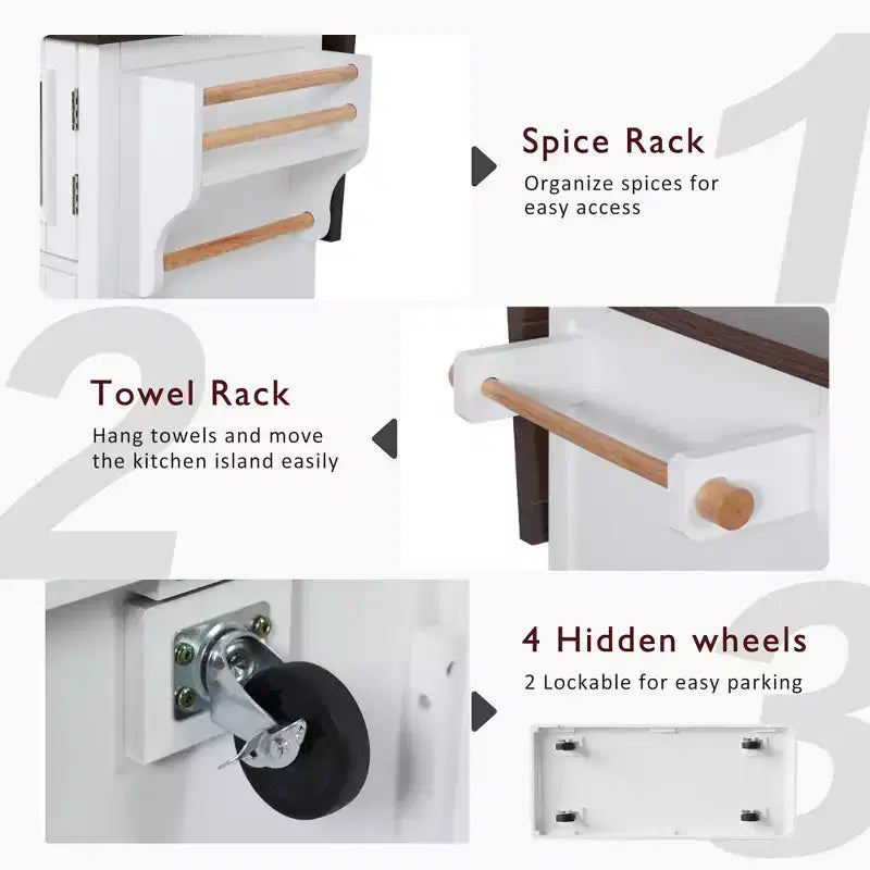Kitchen Island with Drop Leaf and Wheels, Kitchen Storage Cart with Door Shelves, Farmhouse Rolling Kitchen Island with Power Outlet and Glass Door