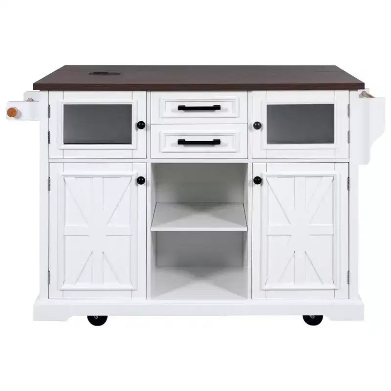 Kitchen Island with Drop Leaf and Wheels, Kitchen Storage Cart with Door Shelves, Farmhouse Rolling Kitchen Island with Power Outlet and Glass Door
