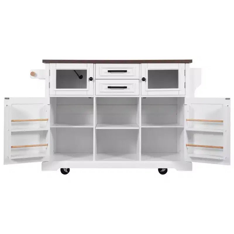 Kitchen Island with Drop Leaf and Wheels, Kitchen Storage Cart with Door Shelves, Farmhouse Rolling Kitchen Island with Power Outlet and Glass Door