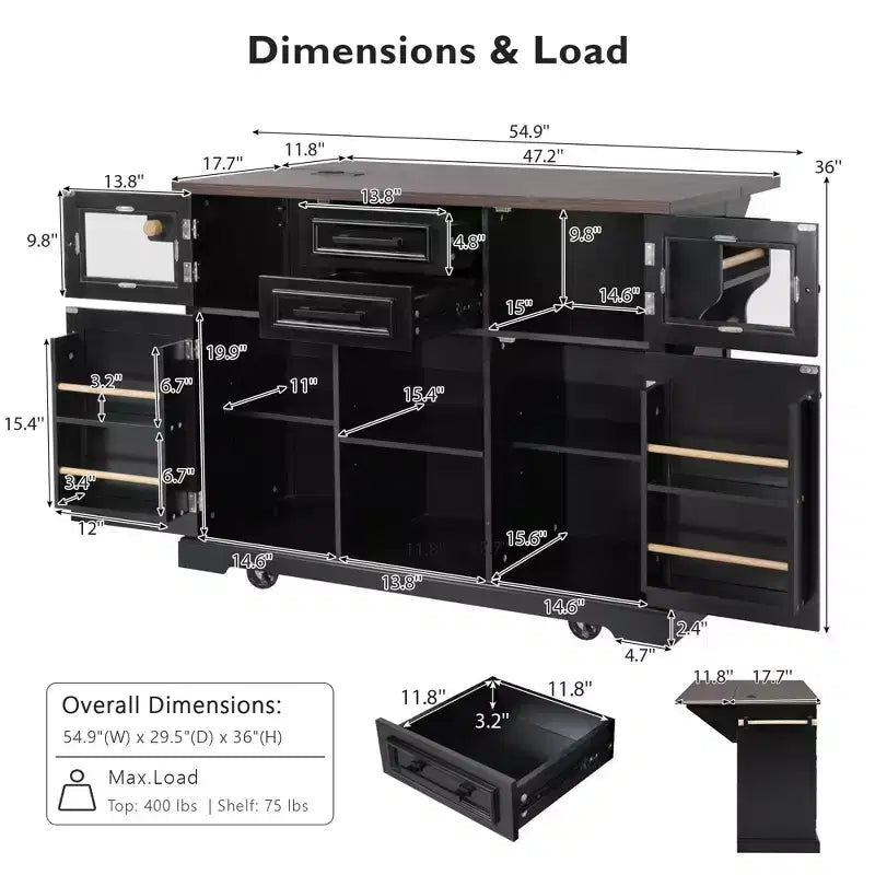 Kitchen Island with Drop Leaf and Wheels, Kitchen Storage Cart with Door Shelves, Farmhouse Rolling Kitchen Island with Power Outlet and Glass Door