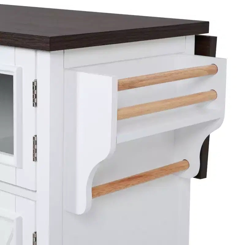 Kitchen Island with Drop Leaf and Wheels, Kitchen Storage Cart with Door Shelves, Farmhouse Rolling Kitchen Island with Power Outlet and Glass Door