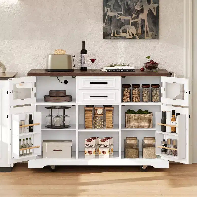 Kitchen Island with Drop Leaf and Wheels, Kitchen Storage Cart with Door Shelves, Farmhouse Rolling Kitchen Island with Power Outlet and Glass Door