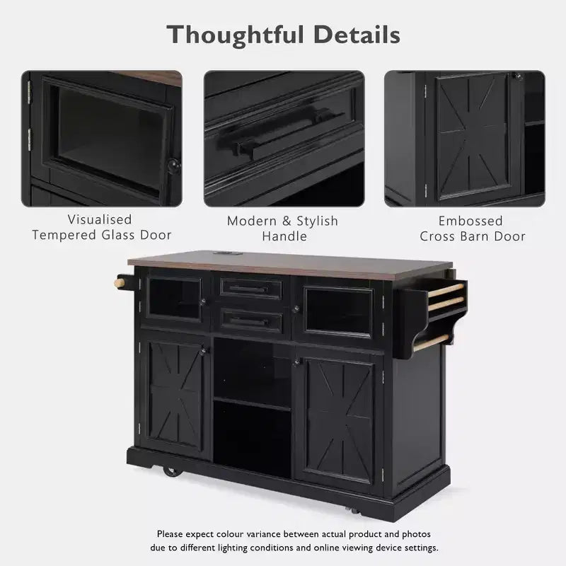 Kitchen Island with Drop Leaf and Wheels, Kitchen Storage Cart with Door Shelves, Farmhouse Rolling Kitchen Island with Power Outlet and Glass Door