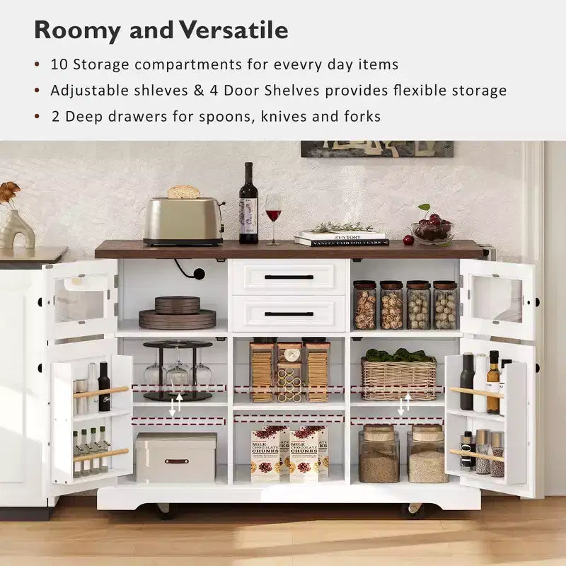 Kitchen Island with Drop Leaf and Wheels, Kitchen Storage Cart with Door Shelves, Farmhouse Rolling Kitchen Island with Power Outlet and Glass Door
