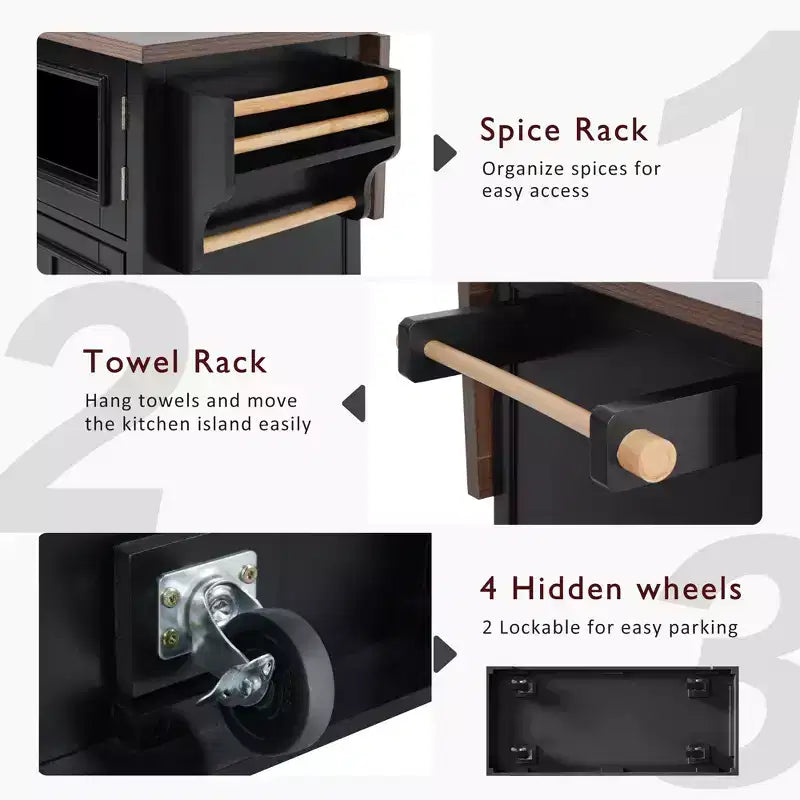 Kitchen Island with Drop Leaf and Wheels, Kitchen Storage Cart with Door Shelves, Farmhouse Rolling Kitchen Island with Power Outlet and Glass Door