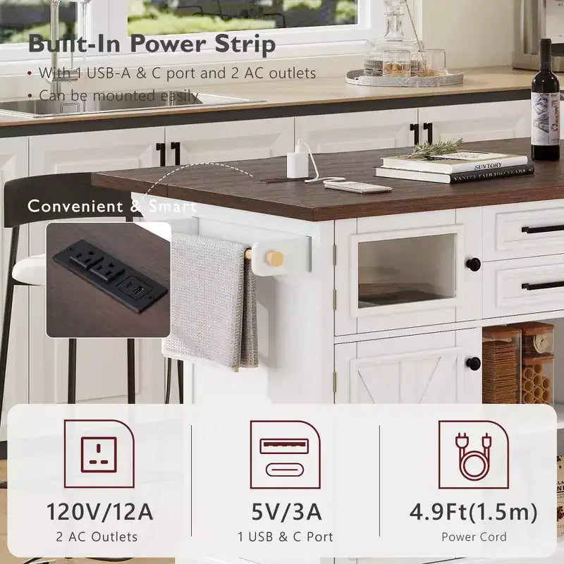 Kitchen Island with Drop Leaf and Wheels, Kitchen Storage Cart with Door Shelves, Farmhouse Rolling Kitchen Island with Power Outlet and Glass Door