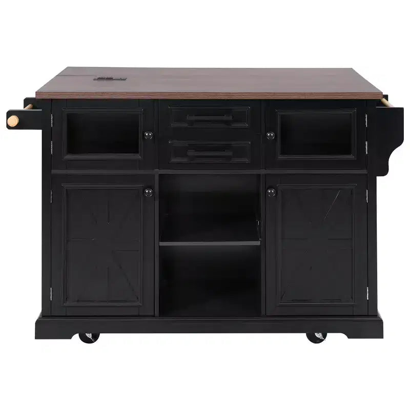 Kitchen Island with Drop Leaf and Wheels, Kitchen Storage Cart with Door Shelves, Farmhouse Rolling Kitchen Island with Power Outlet and Glass Door