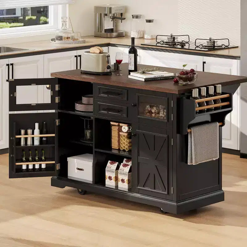Kitchen Island with Drop Leaf and Wheels, Kitchen Storage Cart with Door Shelves, Farmhouse Rolling Kitchen Island with Power Outlet and Glass Door