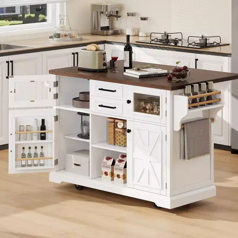 Kitchen Island with Drop Leaf and Wheels, Kitchen Storage Cart with Door Shelves, Farmhouse Rolling Kitchen Island with Power Outlet and Glass Door