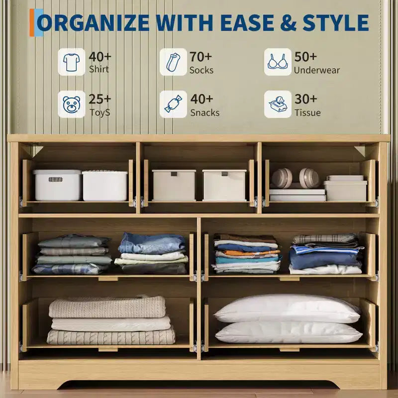 Fluted Dresser for Bedroom, Modern Chest of Drawers with 7 Drawers, Wooden Dresser TV Stand, Wood Closet Clothes Storage Organizer for Hallway