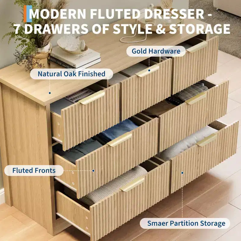 Fluted Dresser for Bedroom, Modern Chest of Drawers with 7 Drawers, Wooden Dresser TV Stand, Wood Closet Clothes Storage Organizer for Hallway