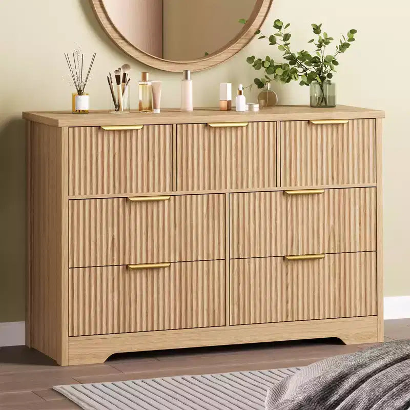 Fluted Dresser for Bedroom, Modern Chest of Drawers with 7 Drawers, Wooden Dresser TV Stand, Wood Closet Clothes Storage Organizer for Hallway