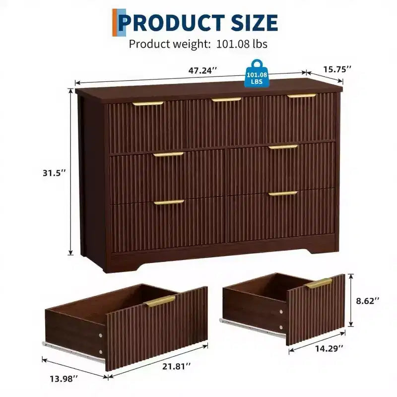 Fluted Dresser for Bedroom, Modern Chest of Drawers with 7 Drawers, Wooden Dresser TV Stand, Wood Closet Clothes Storage Organizer for Hallway