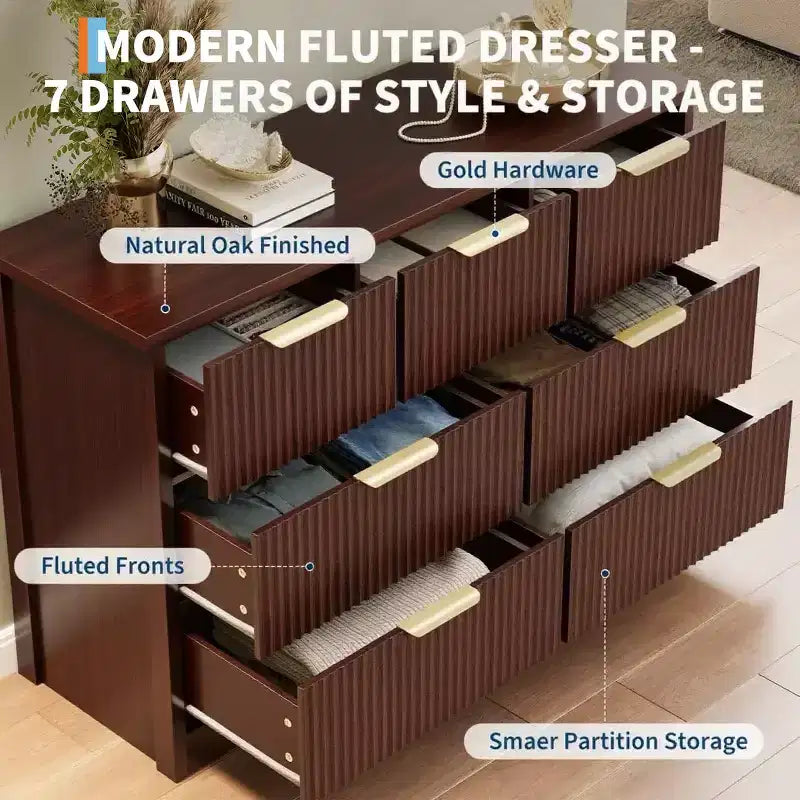 Fluted Dresser for Bedroom, Modern Chest of Drawers with 7 Drawers, Wooden Dresser TV Stand, Wood Closet Clothes Storage Organizer for Hallway