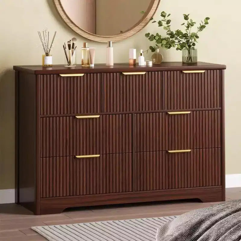 Fluted Dresser for Bedroom, Modern Chest of Drawers with 7 Drawers, Wooden Dresser TV Stand, Wood Closet Clothes Storage Organizer for Hallway