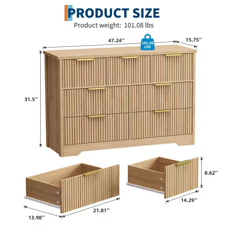 Fluted Dresser for Bedroom, Modern Chest of Drawers with 7 Drawers, Wooden Dresser TV Stand, Wood Closet Clothes Storage Organizer for Hallway