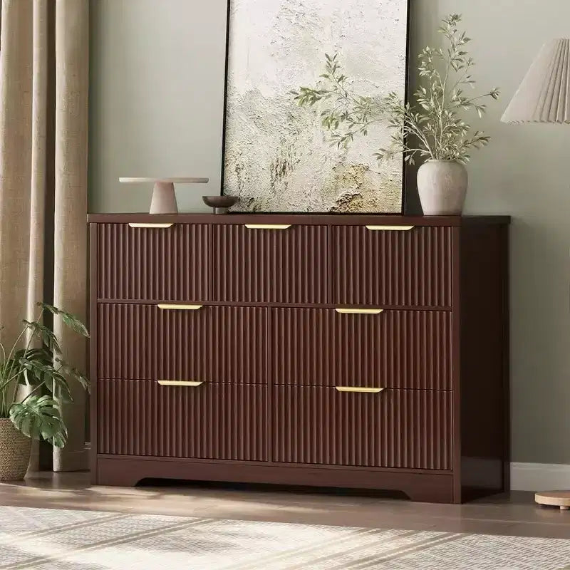 Fluted Dresser for Bedroom, Modern Chest of Drawers with 7 Drawers, Wooden Dresser TV Stand, Wood Closet Clothes Storage Organizer for Hallway