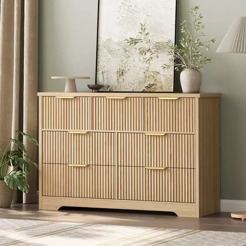 Fluted Dresser for Bedroom, Modern Chest of Drawers with 7 Drawers, Wooden Dresser TV Stand, Wood Closet Clothes Storage Organizer for Hallway