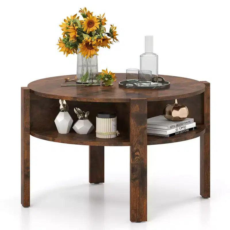 Costway Round Coffee Table 29.5 Center Table with Storage Shelves for Living Room Rustic Brown