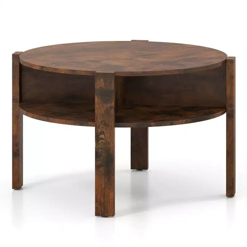Costway Round Coffee Table 29.5 Center Table with Storage Shelves for Living Room Rustic Brown