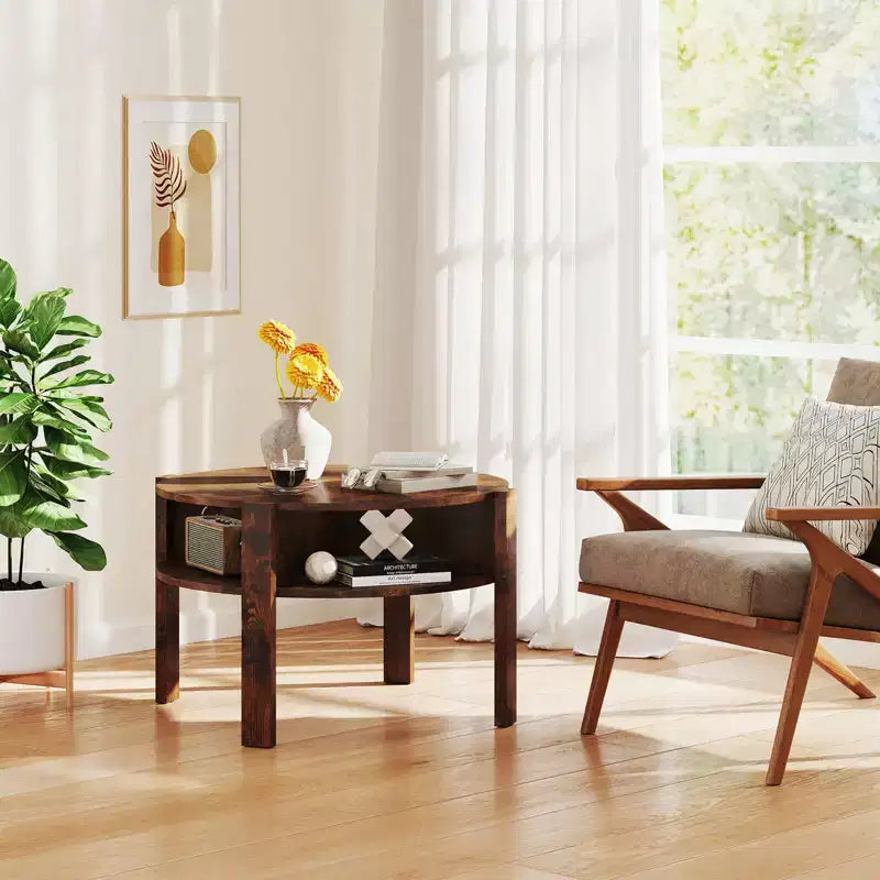 Costway Round Coffee Table 29.5 Center Table with Storage Shelves for Living Room Rustic Brown