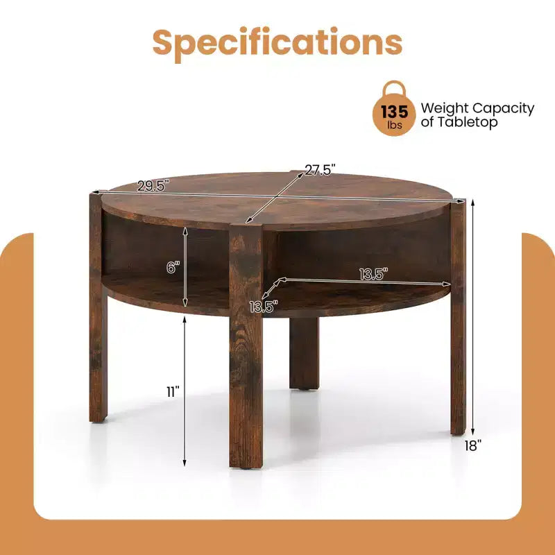Costway Round Coffee Table 29.5 Center Table with Storage Shelves for Living Room Rustic Brown