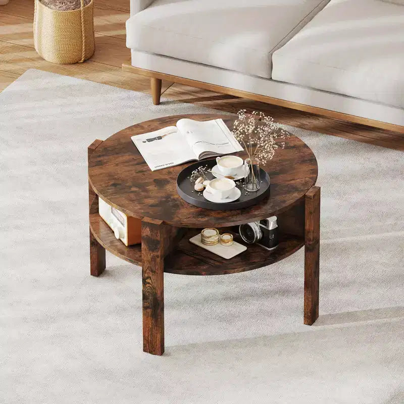 Costway Round Coffee Table 29.5 Center Table with Storage Shelves for Living Room Rustic Brown