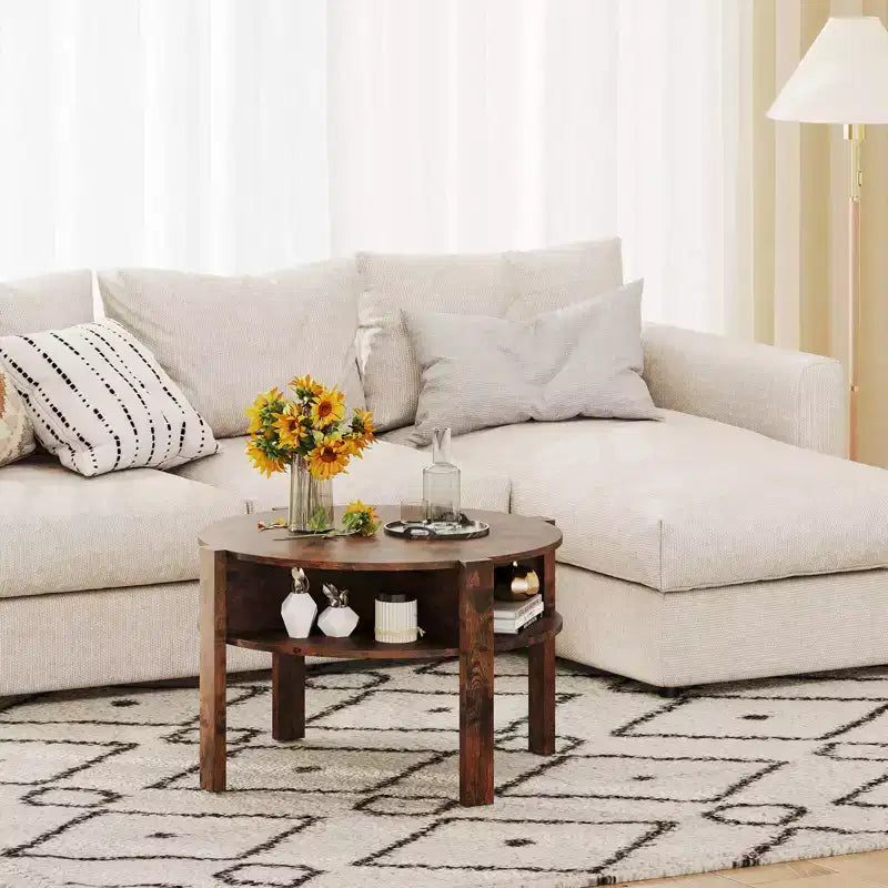 Costway Round Coffee Table 29.5 Center Table with Storage Shelves for Living Room Rustic Brown