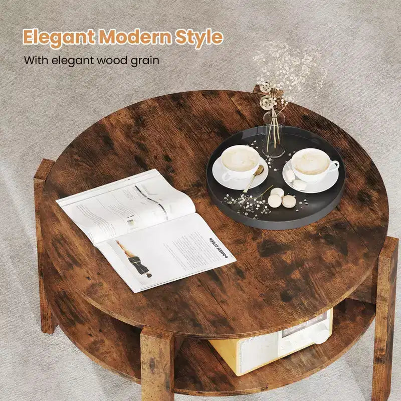 Costway Round Coffee Table 29.5 Center Table with Storage Shelves for Living Room Rustic Brown